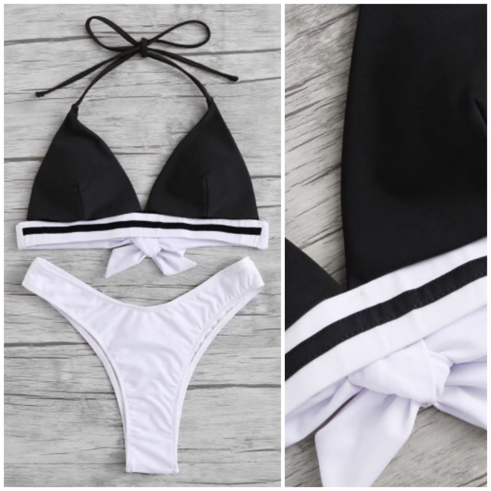 Colorblock Black String Halter Bikini